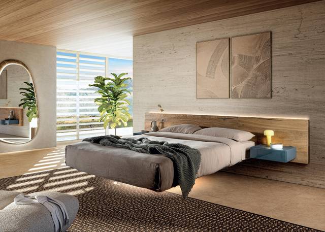 suspended bed with wooden headboard and bedside tables | Fluttua Bed | LAGO