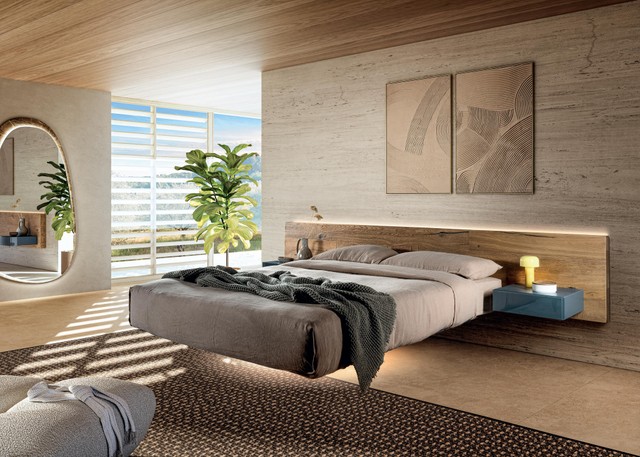 suspended bed with wooden headboard and bedside tables | Fluttua Bed | LAGO