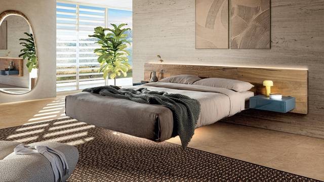 suspended bed with wooden headboard and bedside tables | Fluttua Bed | LAGO suspended bed with wooden headboard and bedside tables | Fluttua Bed | LAGO
