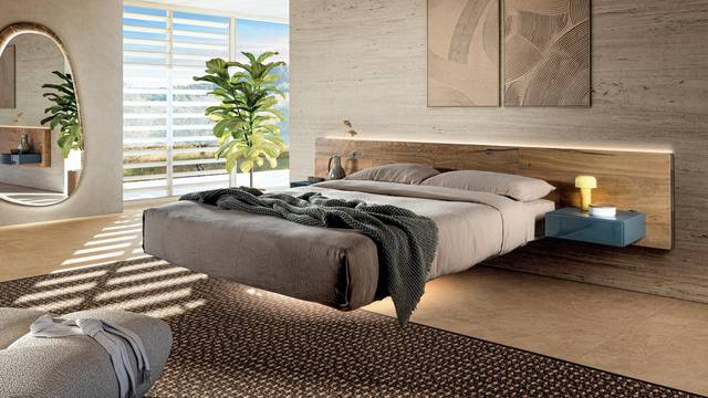 suspended bed with wooden headboard and bedside tables | Fluttua Bed | LAGO