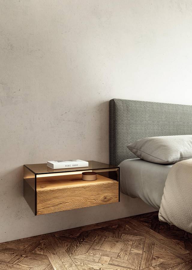 mesita de noche de pared de madera y cristal | Mesita de Noche Hom | LAGO