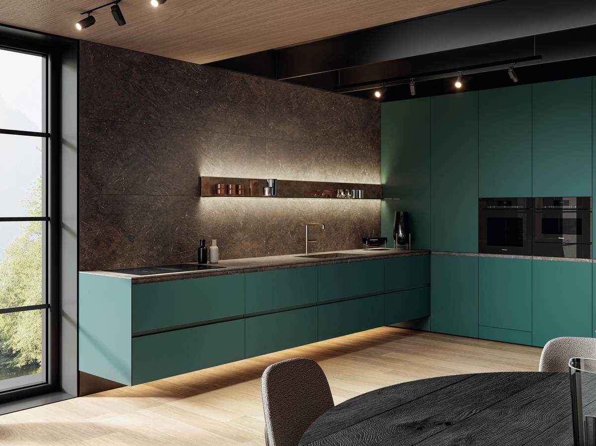 green wall-hung corner kitchen with groove handle | 36e8 Cut Kitchen | LAGO green wall-hung corner kitchen with groove handle | 36e8 Cut Kitchen | LAGO