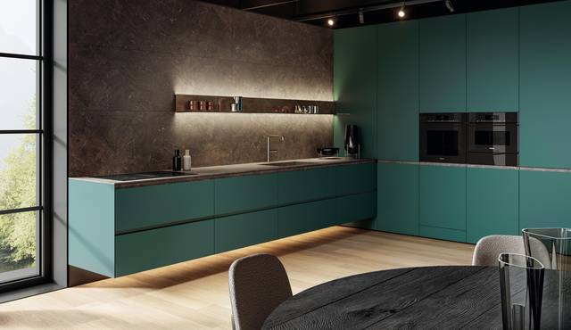 cocina esquinera mural verde con tirador de ranura | Cocina 36e8 Cut | LAGO cocina esquinera mural verde con tirador de ranura | Cocina 36e8 Cut | LAGO