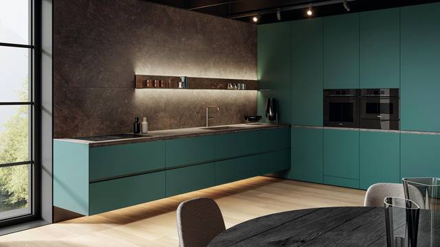 cocina esquinera mural verde con tirador de ranura | Cocina 36e8 Cut | LAGO cocina esquinera mural verde con tirador de ranura | Cocina 36e8 Cut | LAGO