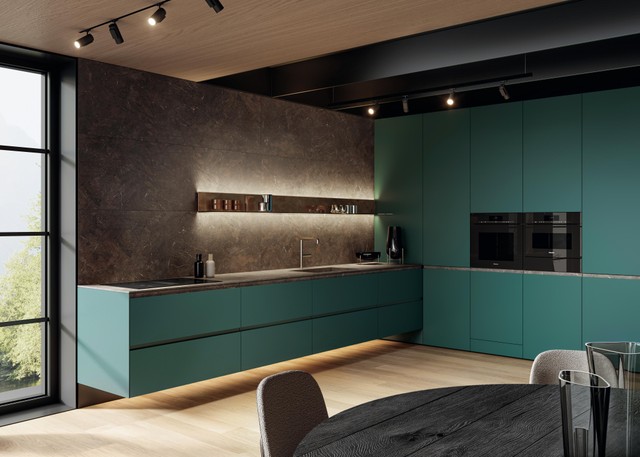 green wall-hung corner kitchen with groove handle | 36e8 Cut Kitchen | LAGO