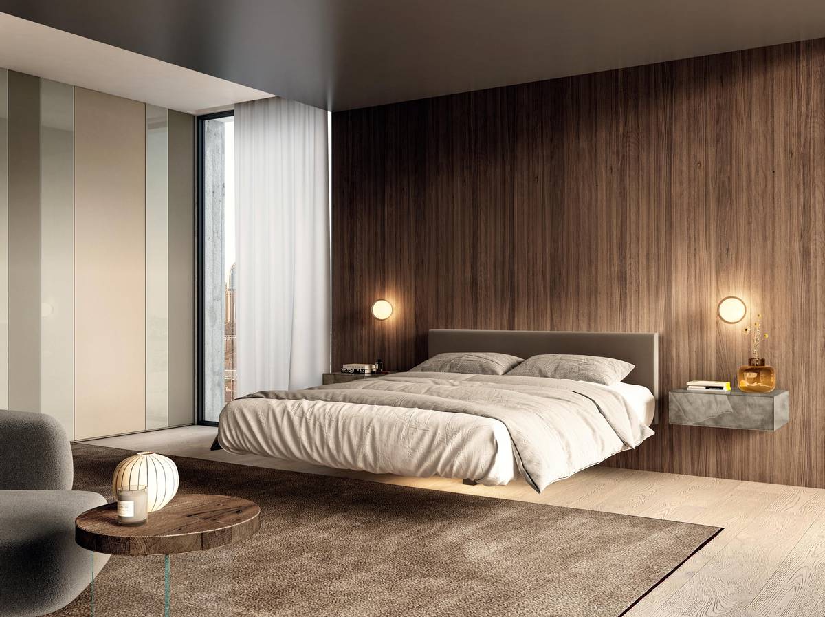 cama suspendida con mesillas de noche  gris de pared | Cama Fluttua | LAGO
