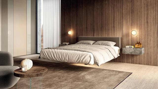suspended bed with wall-mounted grey bedside tables | Fluttua Bed | LAGO suspended bed with wall-mounted grey bedside tables | Fluttua Bed | LAGO