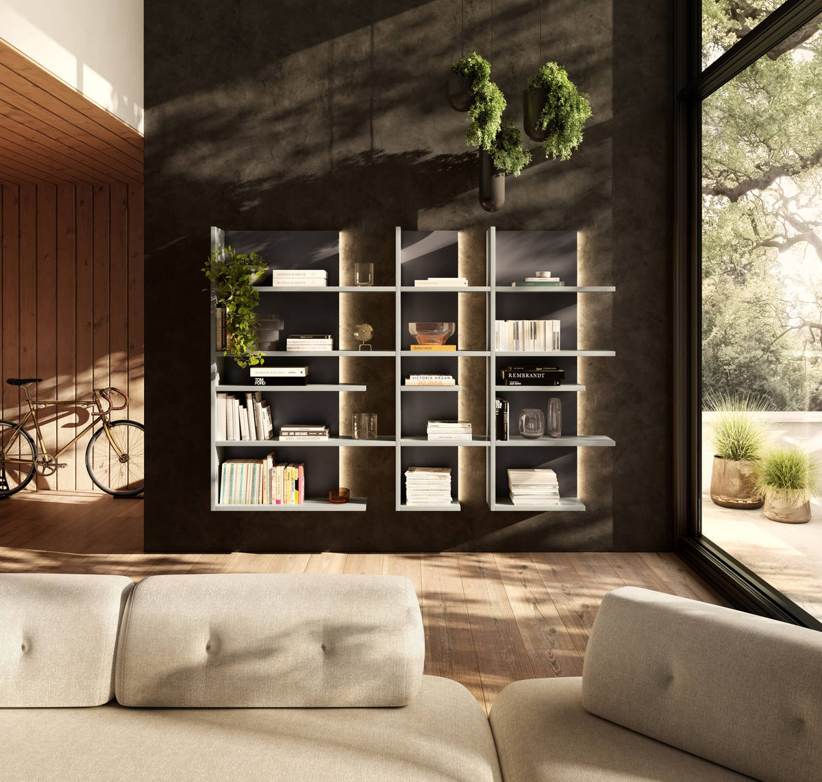 libreria sospesa a parete con schienali in vetro | Libreria Pentagram | LAGO libreria sospesa a parete con schienali in vetro | Libreria Pentagram | LAGO