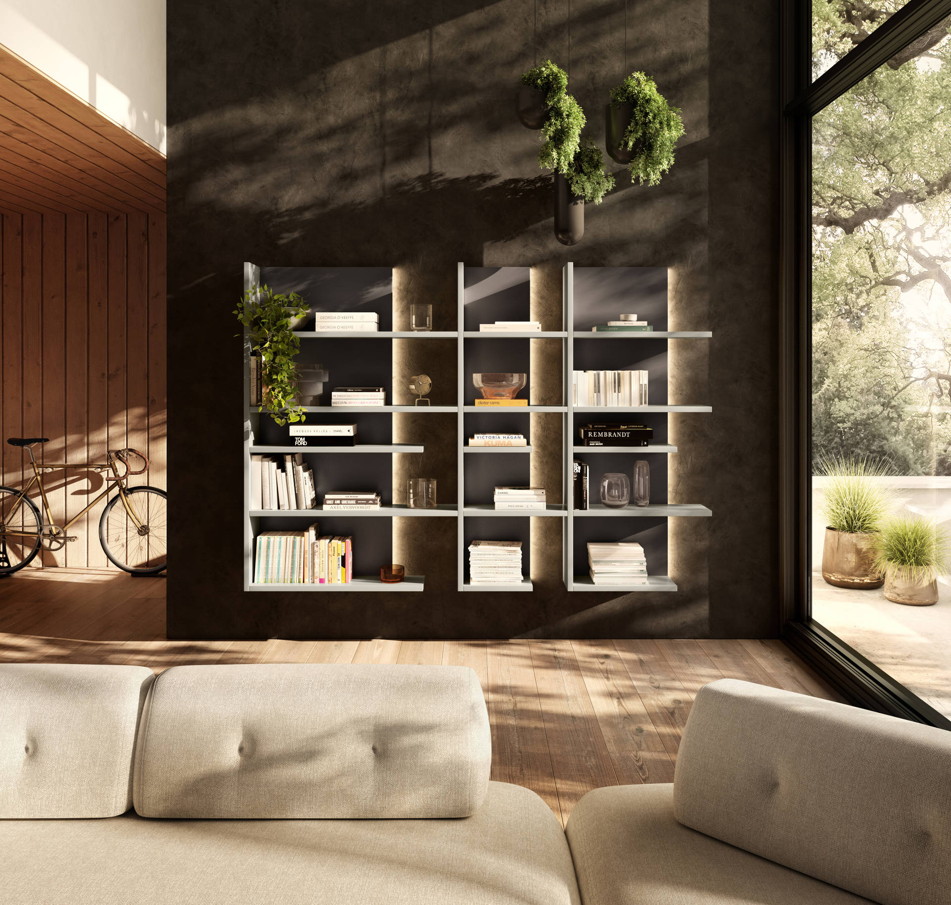 libreria sospesa a parete con schienali in vetro | Libreria Pentagram | LAGO