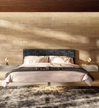 suspended bed with soft fabric headboard | Fluttua Bed | LAGO suspended bed with soft fabric headboard | Fluttua Bed | LAGO