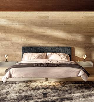 suspended bed with soft fabric headboard | Fluttua Bed | LAGO