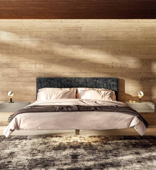 cama suspendida con cabecero de tela suave | Cama Fluttua | LAGO cama suspendida con cabecero de tela suave | Cama Fluttua | LAGO