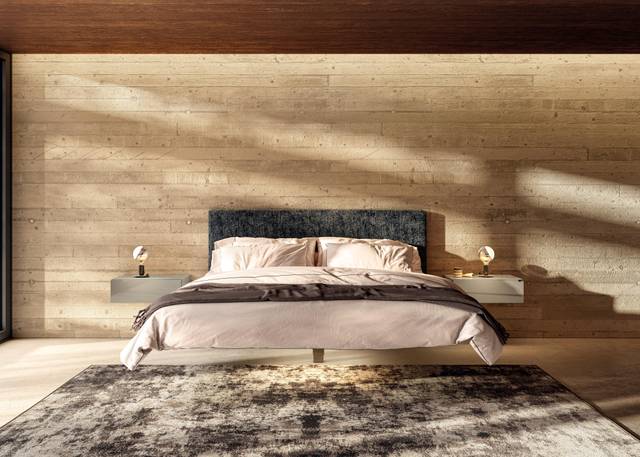 suspended bed with soft fabric headboard | Fluttua Bed | LAGO