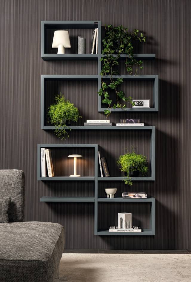 grey custom-made wall-mounted bookcase | LagoLinea Bookshelf | LAGO