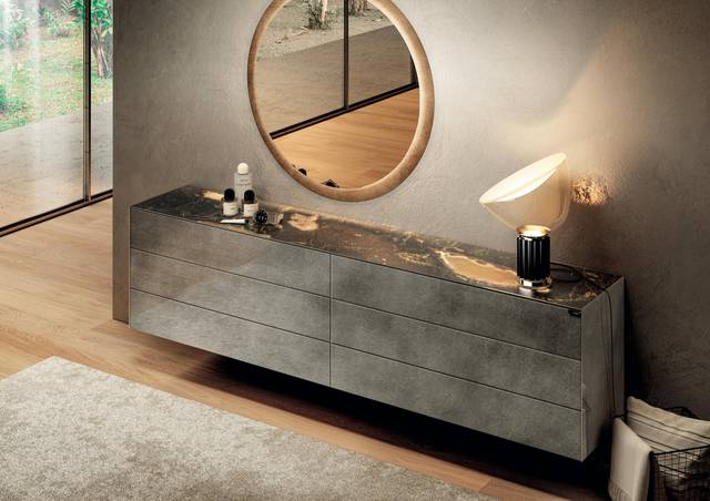 modern dresser in gray glass and dark marble | Materia Dresser | LAGO