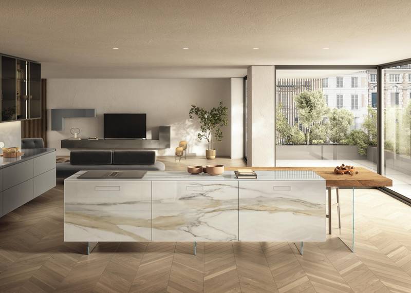 kitchen with glass island and snack top | 36e8 Kitchen |LAGO