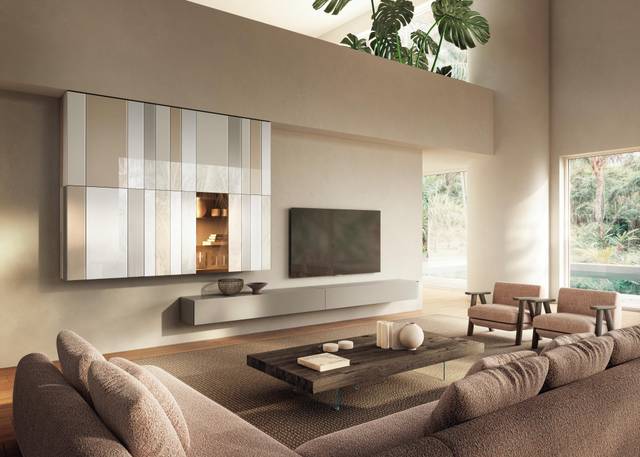 Mueble de pared de rayas con vitrina | Paredes Equipadas N.O.W. | LAGO
