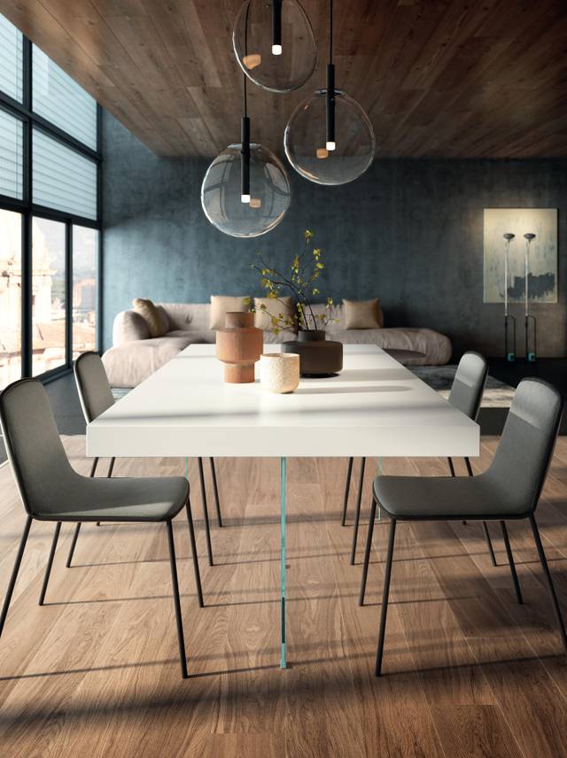 tavolo in legno e vetro bianco per sala da pranzo | Tavolo Air | LAGO