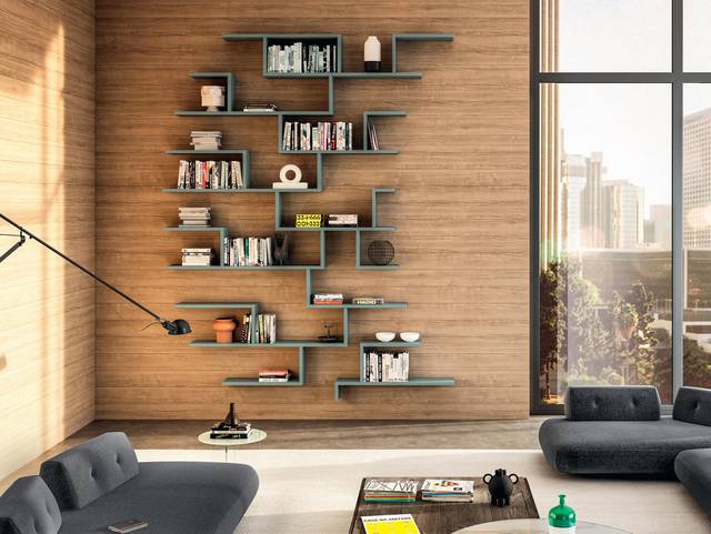wall-mounted living room bookcase | Lagolinea Shelving | LAGO