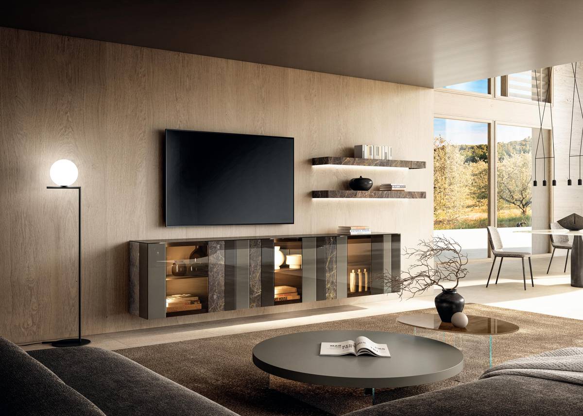 suspended living room wall unit in brown glass | N.O.W. Wall Unit | LAGO