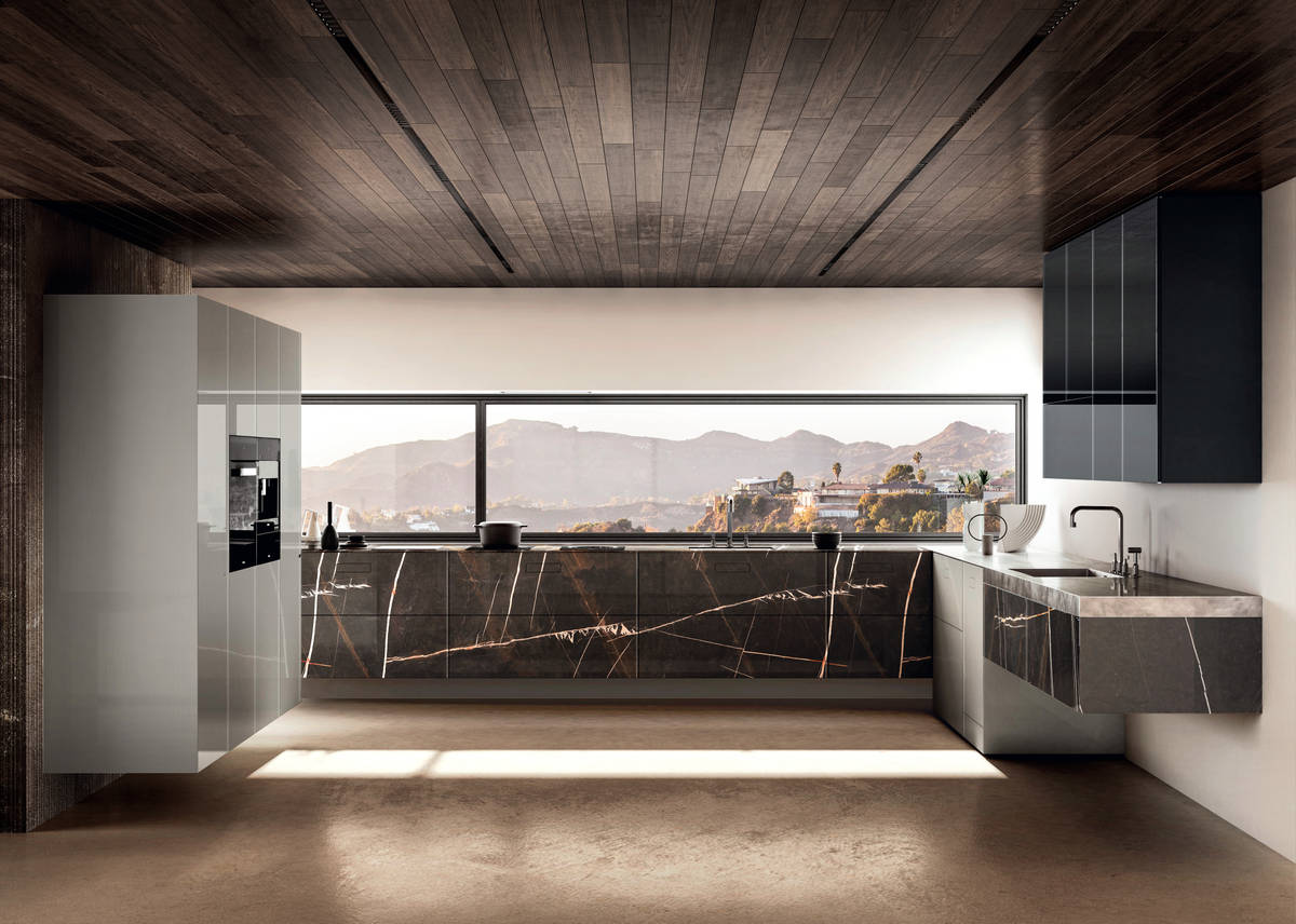 brown marble kitchen with wall-mounted pantry unit | 36e8 Marble XGlass Kitchen | LAGO brown marble kitchen with wall-mounted pantry unit | 36e8 Marble XGlass Kitchen | LAGO
