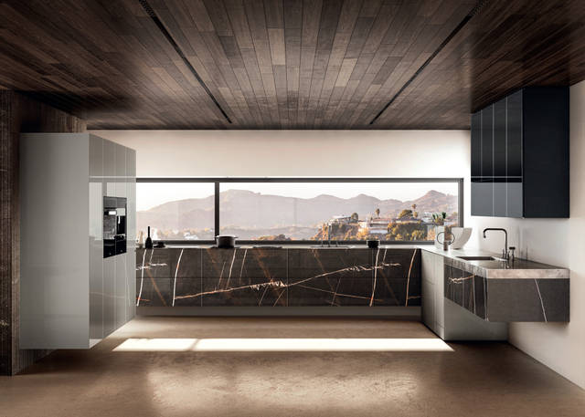 brown marble kitchen with wall-mounted pantry unit | 36e8 Marble XGlass Kitchen | LAGO