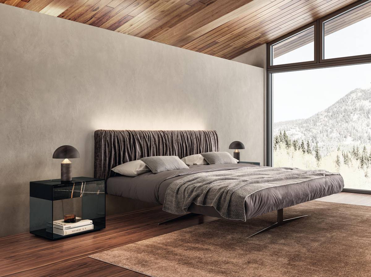 cama matrimonial de diseño gris cabecera fruncida | Cama Steel | LAGO