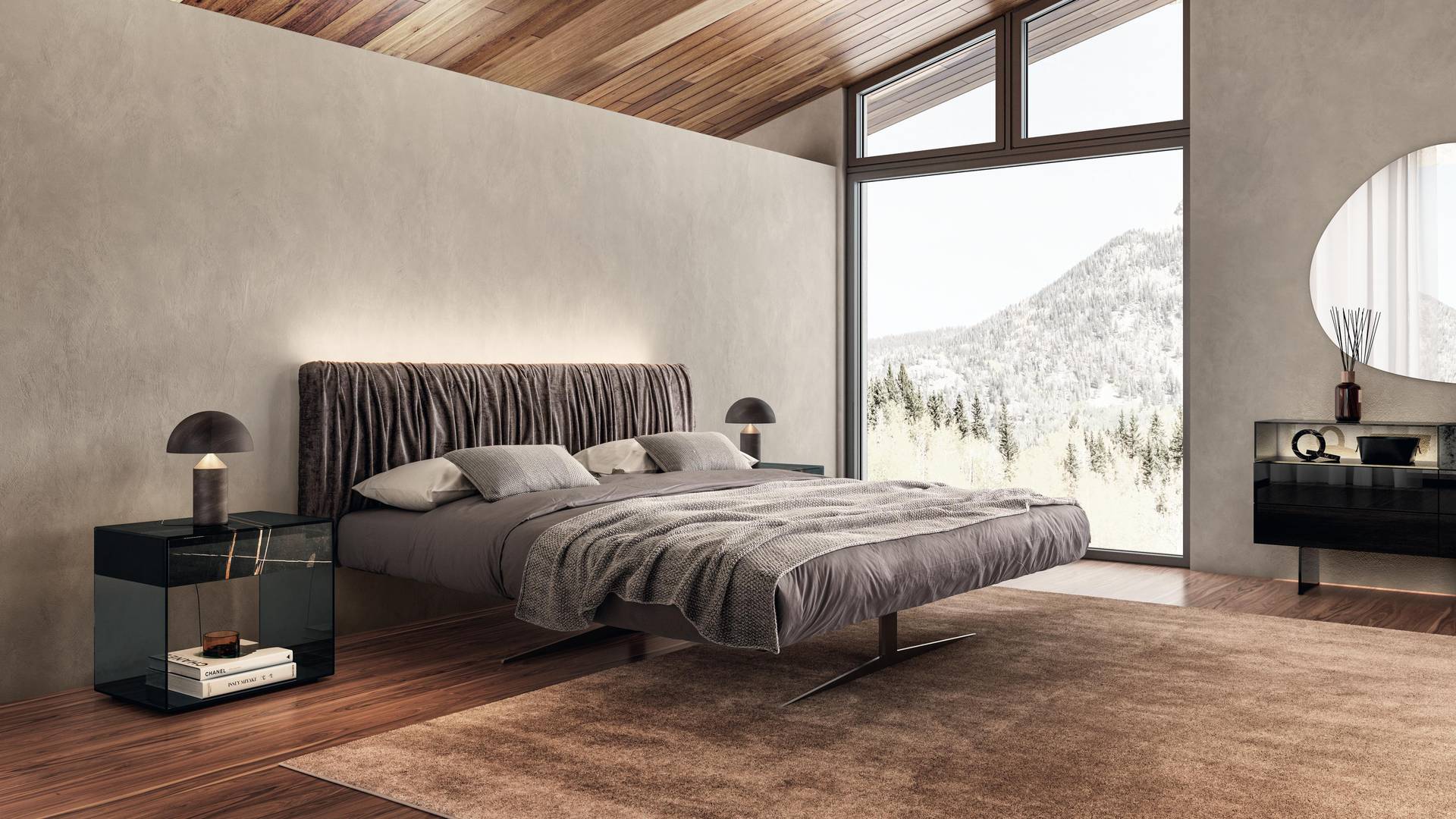 cama matrimonial de diseño gris cabecera fruncida | Cama Steel | LAGO