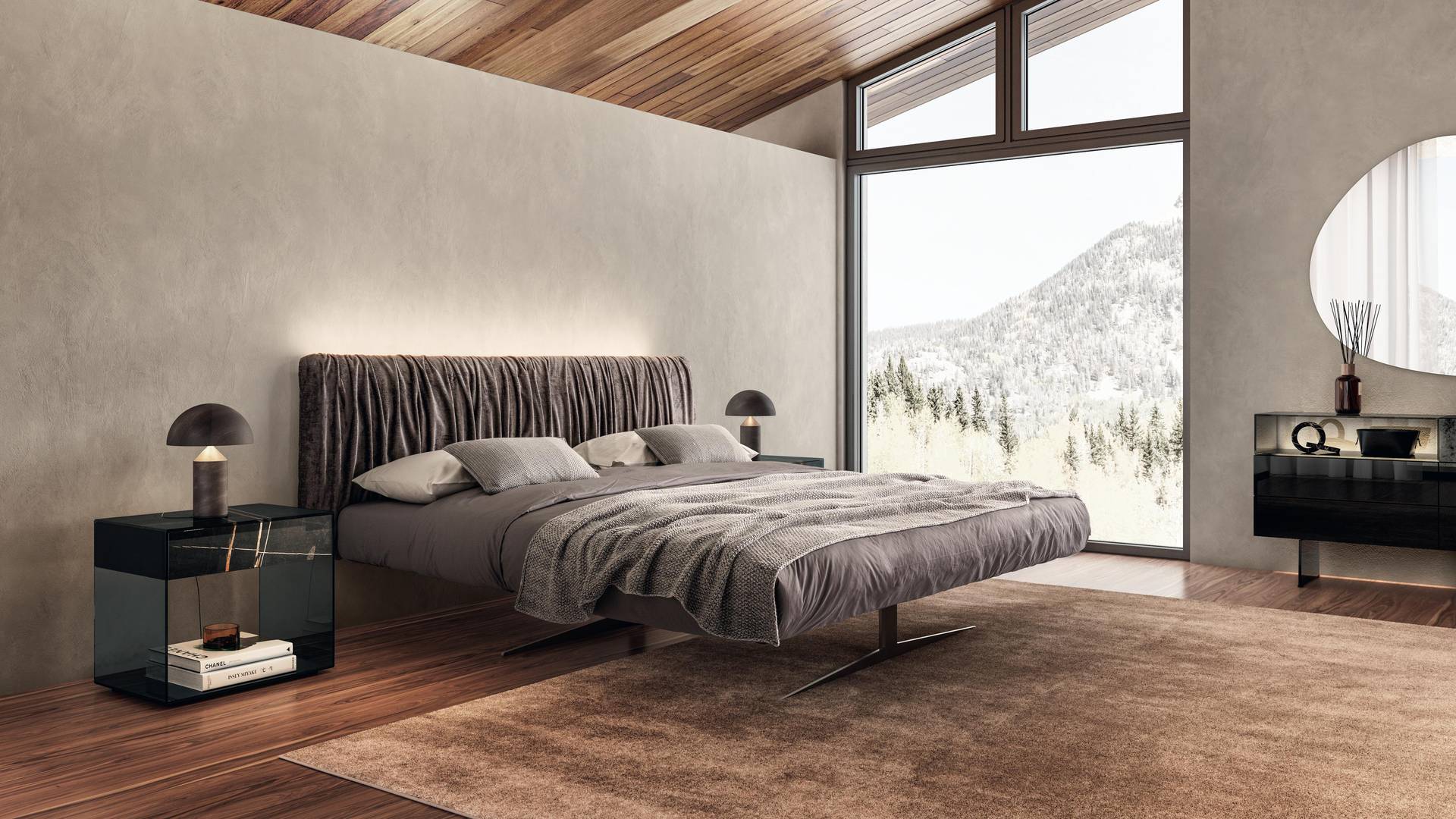 grigio designer double bed with ruched headboard | Steel Bed | LAGO