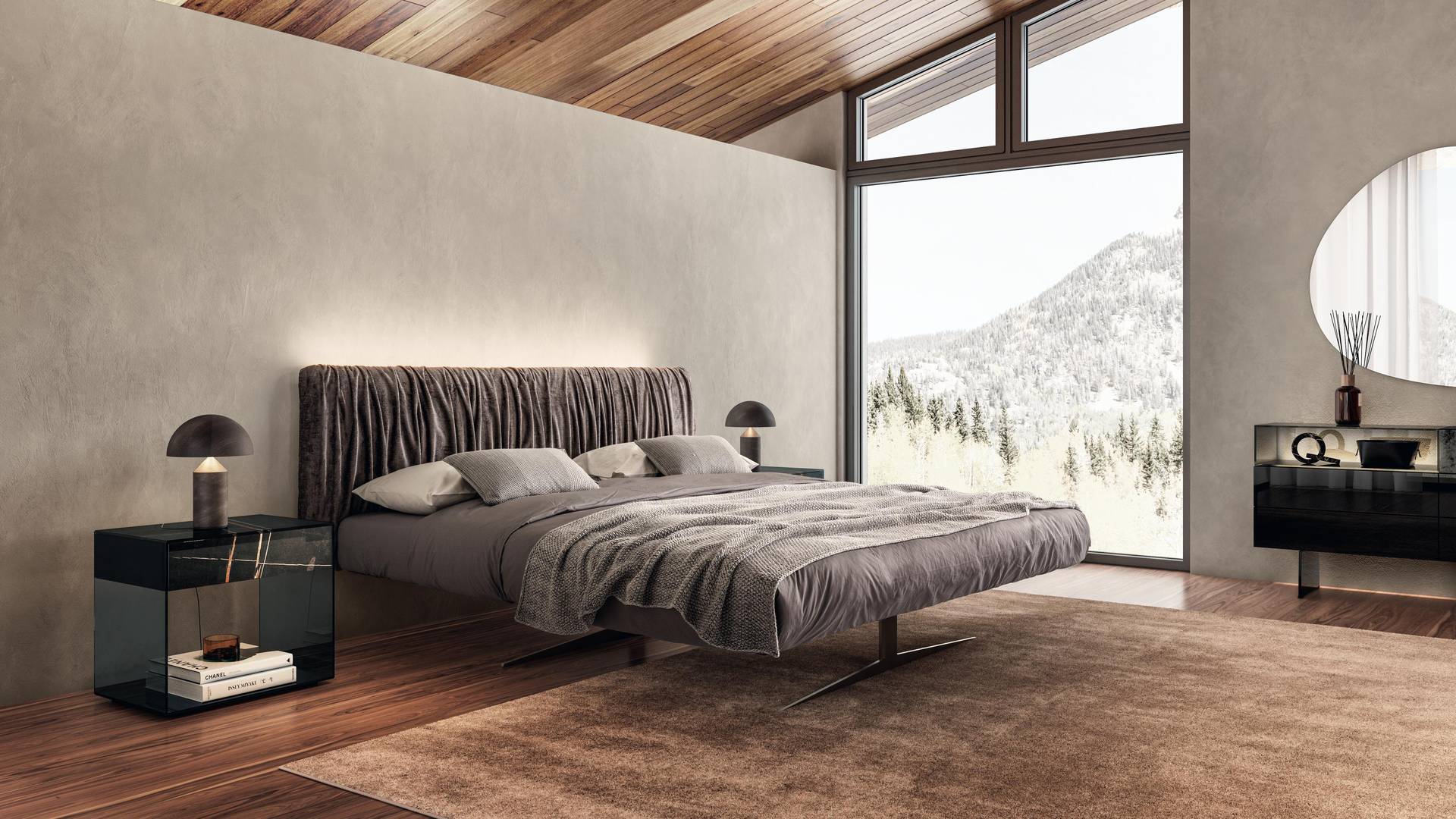 lit deux places design gris tête de lit froissée | Lit Steel | LAGO