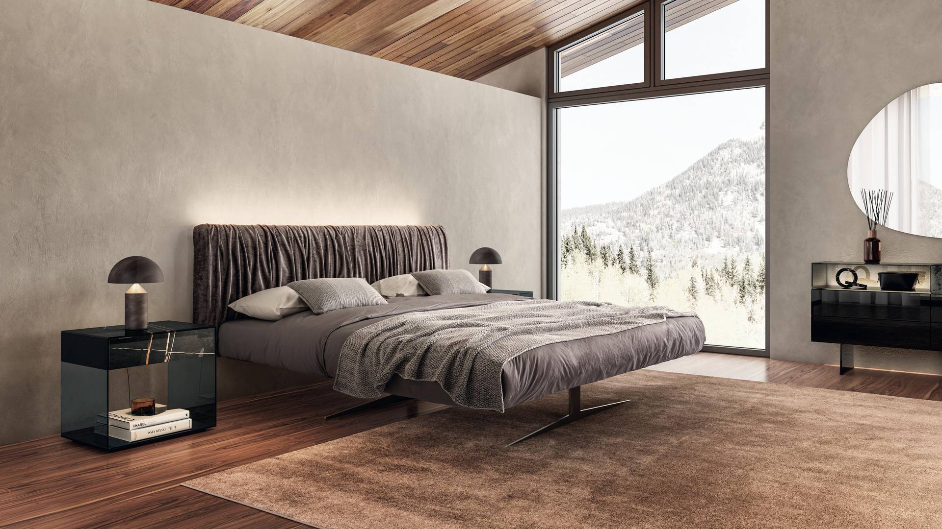 lit deux places design gris tête de lit froissée | Lit Steel | LAGO